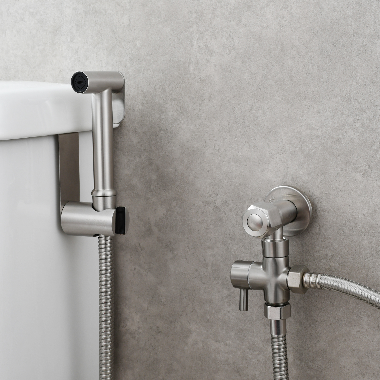 Tecmolog Stainless Steel Non Long Press Bidet Sprayer,Bathroom Pressurized Water Set with Holder and T-valve,WS038F