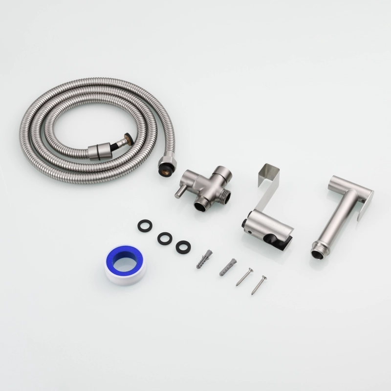 Tecmolog Stainless Steel Non Long Press Bidet Sprayer,Bathroom Pressurized Water Set with Holder and T-valve,WS038F