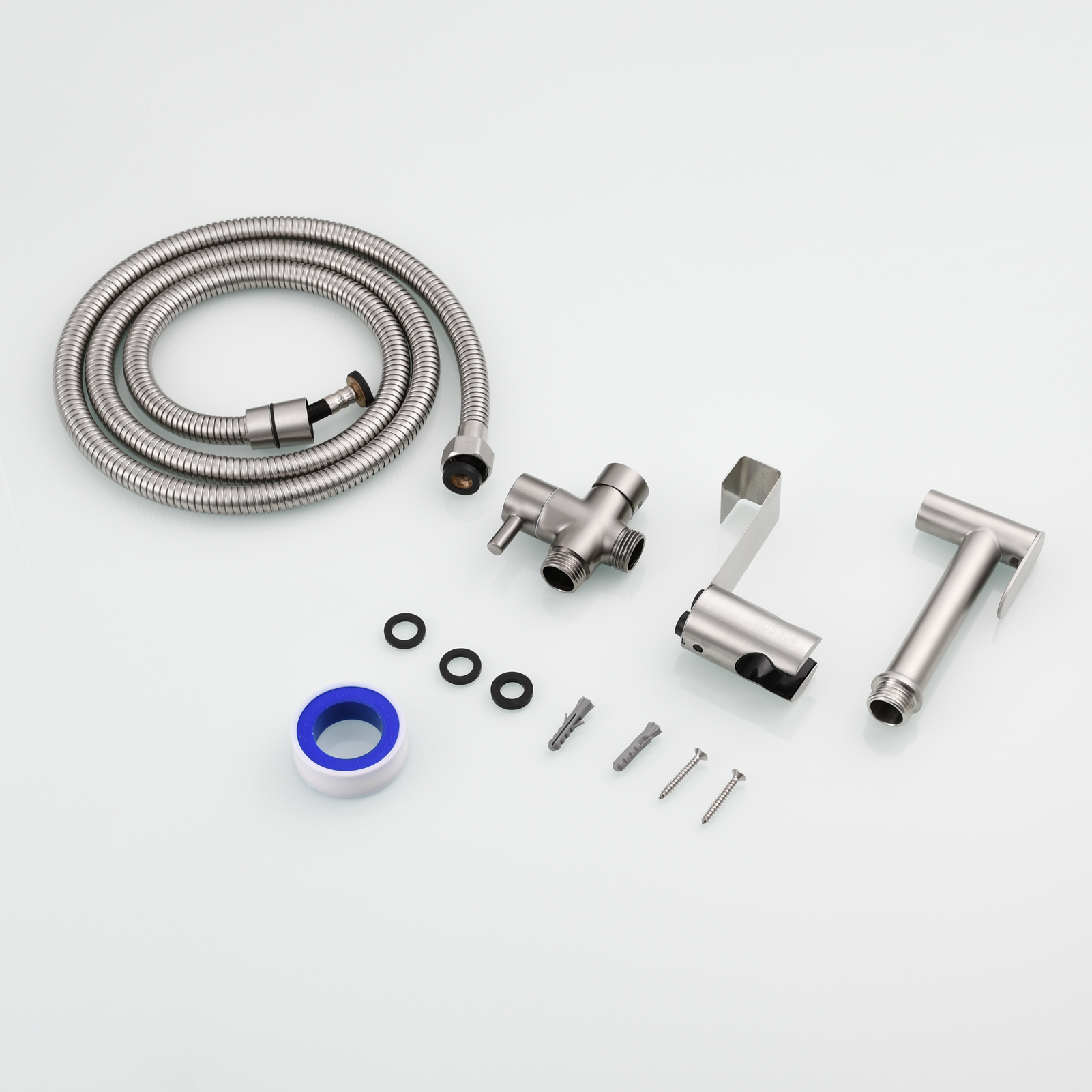 Tecmolog Stainless Steel Non Long Press Bidet Sprayer,Bathroom Pressurized Water Set with Holder and T-valve,WS038F
