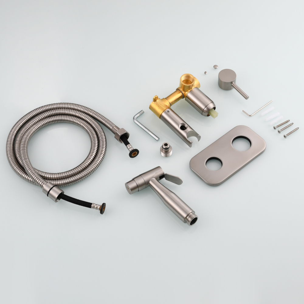 Tecmolog Stainless Steel Bathroom Bidet Sprayer Set, Hot and Cold Concealed Bidet Sprayer Kit for Toilet, Brushed Nickel/Black, WS024F9/WS024CF3