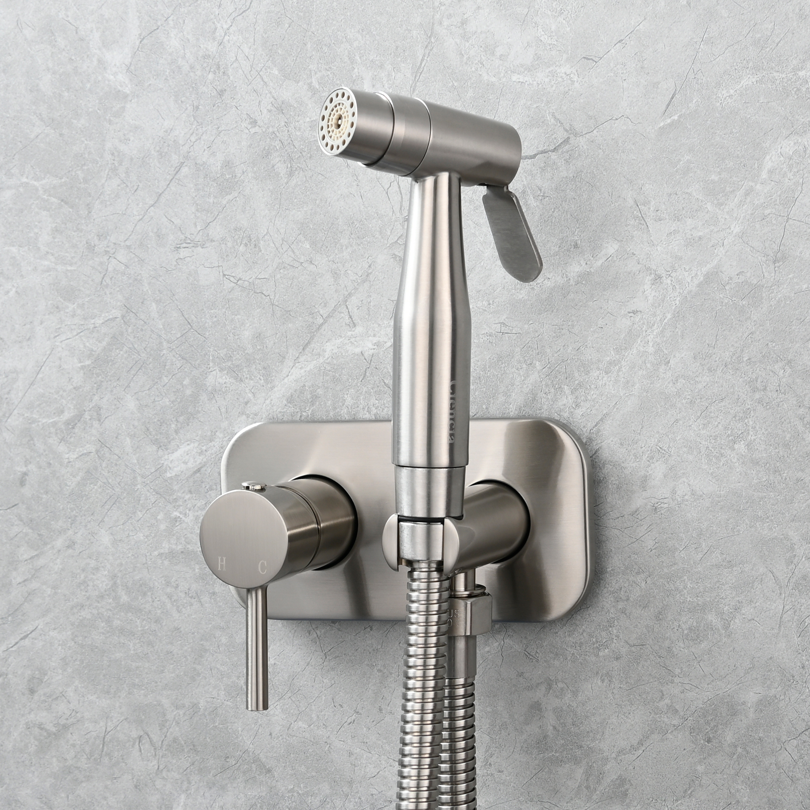 Tecmolog Stainless Steel Bathroom Bidet Sprayer Set, Hot and Cold Concealed Bidet Sprayer Kit for Toilet, Brushed Nickel/Black, WS024F9/WS024CF3