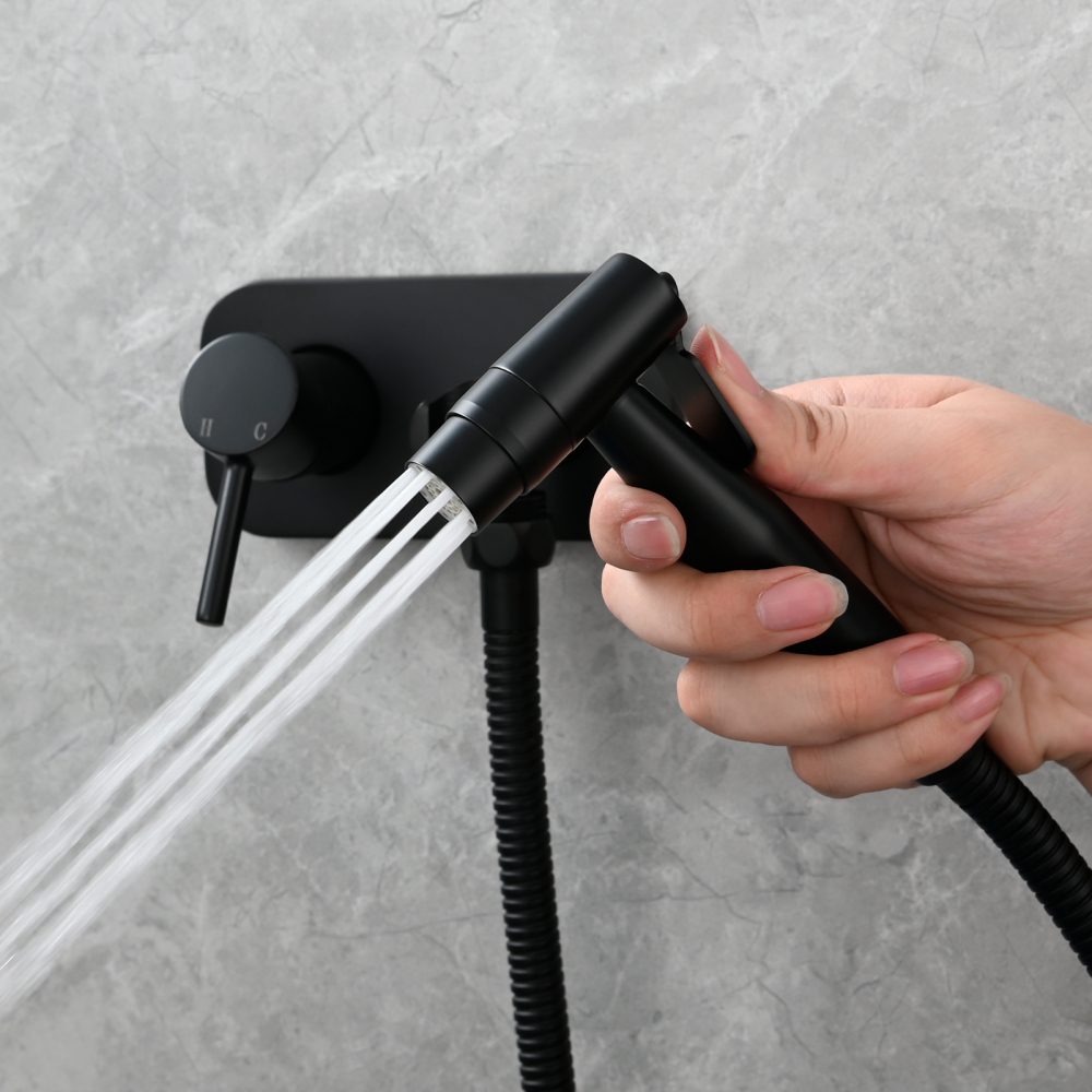 Tecmolog Stainless Steel Bathroom Bidet Sprayer Set, Hot and Cold Concealed Bidet Sprayer Kit for Toilet, Brushed Nickel/Black, WS024F9/WS024CF3