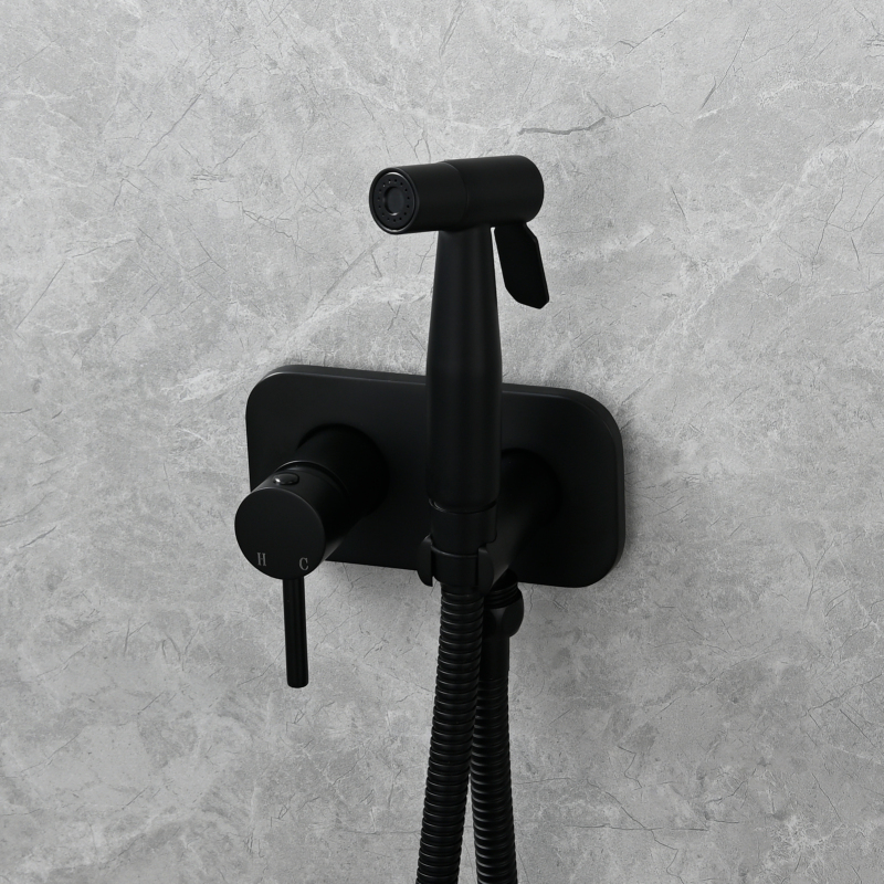 Tecmolog Stainless Steel Bathroom Bidet Sprayer Set, Hot and Cold Concealed Bidet Sprayer Kit for Toilet, Brushed Nickel/Black, WS024F9/WS024CF3