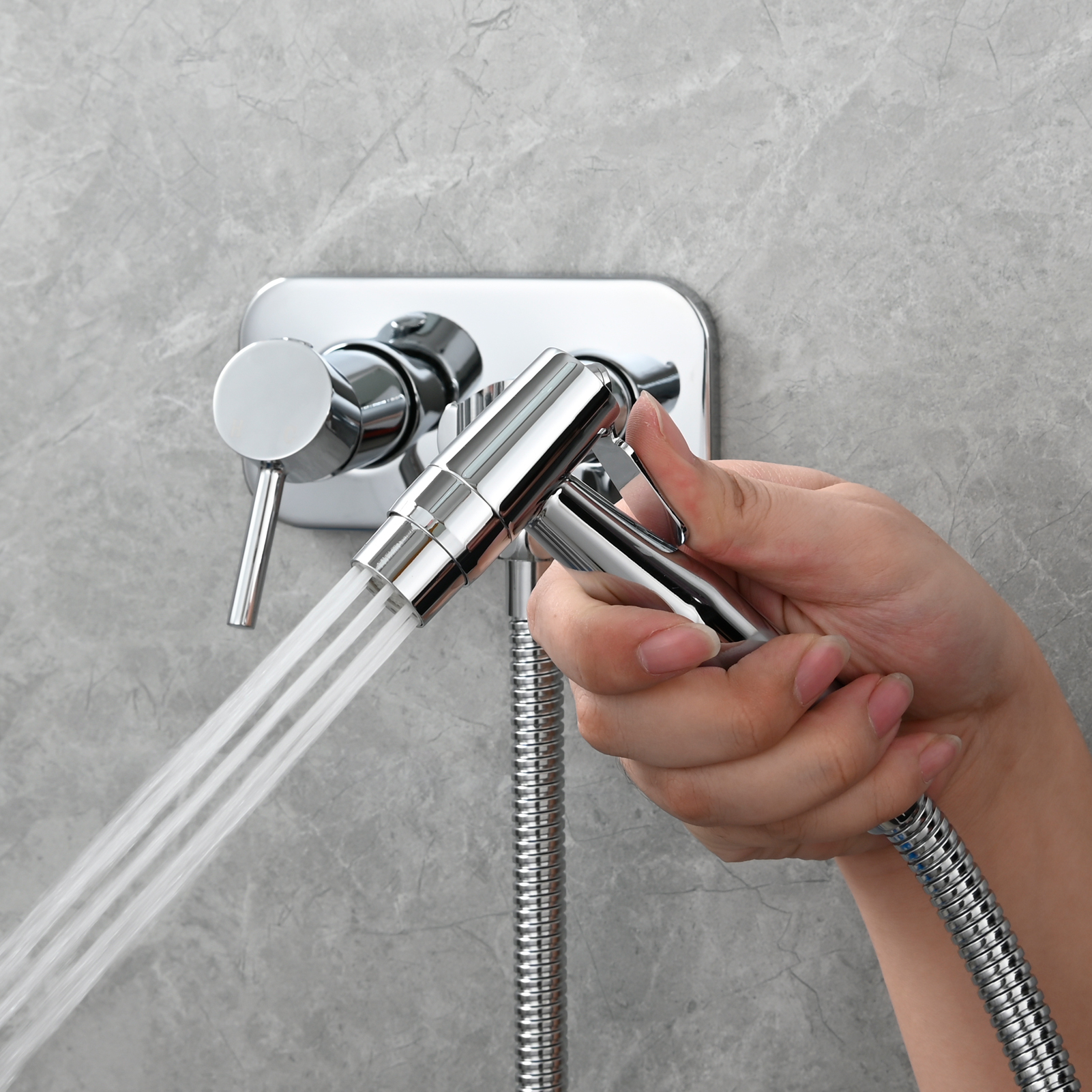 Tecmolog Stainless Steel Bathroom Bidet Sprayer Set, Hot and Cold Concealed Bidet Sprayer Kit for Toilet, Brushed Nickel/Black, WS024F9/WS024CF3