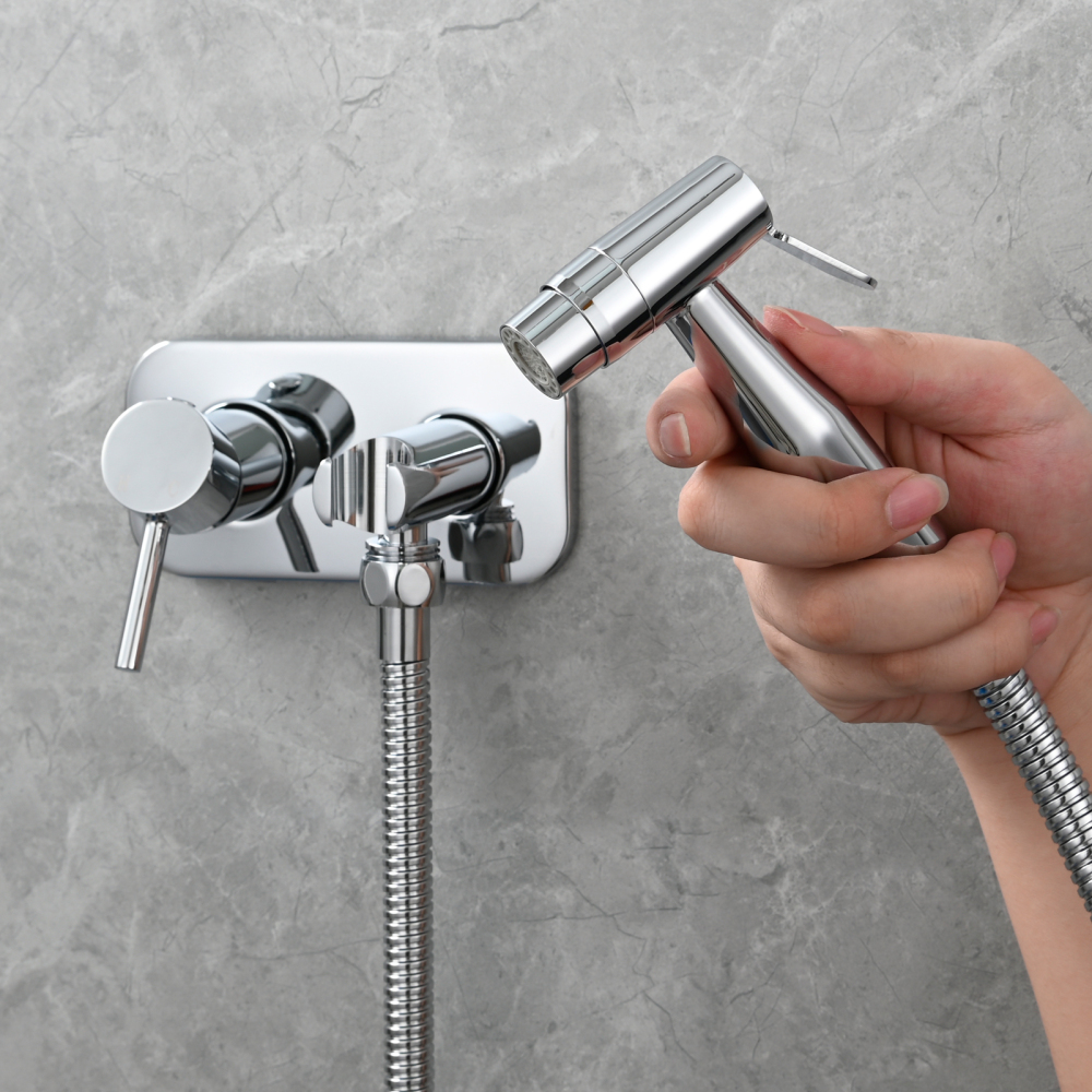 Tecmolog Stainless Steel Bathroom Bidet Sprayer Set, Hot and Cold Concealed Bidet Sprayer Kit for Toilet, Brushed Nickel/Black, WS024F9/WS024CF3