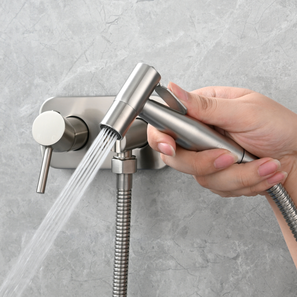Tecmolog Stainless Steel Bathroom Bidet Sprayer Set, Hot and Cold Concealed Bidet Sprayer Kit for Toilet, Brushed Nickel/Black, WS024F9/WS024CF3