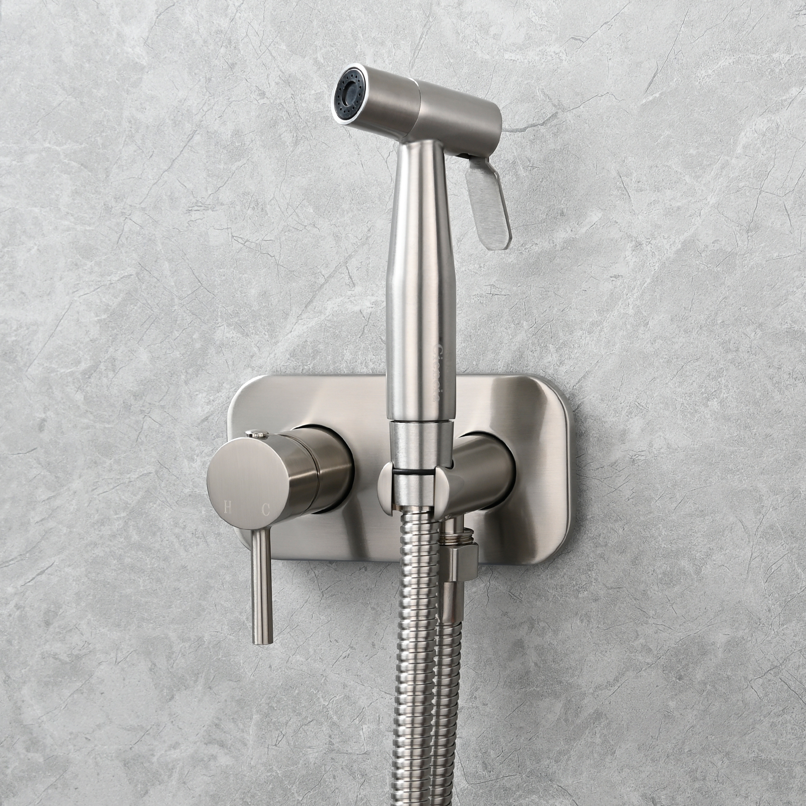 Tecmolog Stainless Steel Bathroom Bidet Sprayer Set, Hot and Cold Concealed Bidet Sprayer Kit for Toilet, Brushed Nickel/Black, WS024F9/WS024CF3