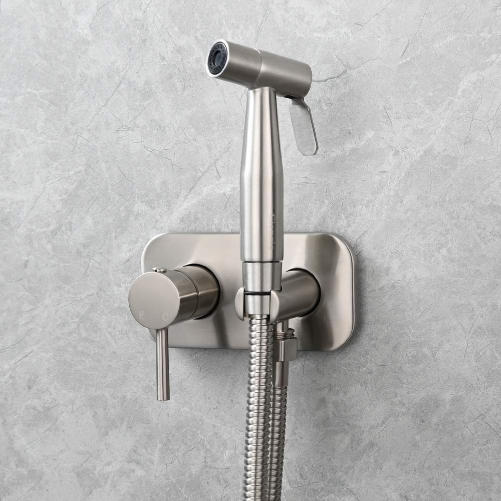 Tecmolog Stainless Steel Bathroom Bidet Sprayer Set, Hot and Cold Concealed Bidet Sprayer Kit for Toilet, Brushed Nickel/Black, WS024F9/WS024CF3