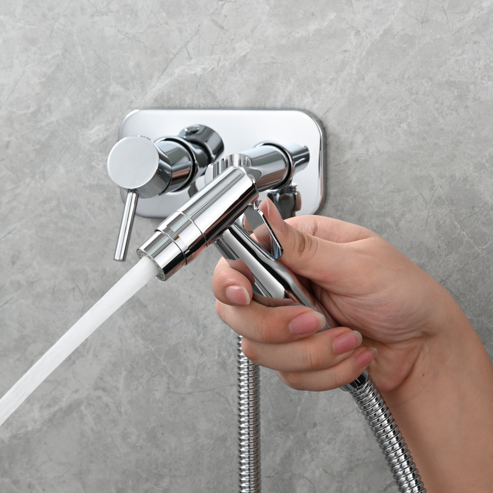 Tecmolog Stainless Steel Bathroom Bidet Sprayer Set, Hot and Cold Concealed Bidet Sprayer Kit for Toilet, Brushed Nickel/Black, WS024F9/WS024CF3