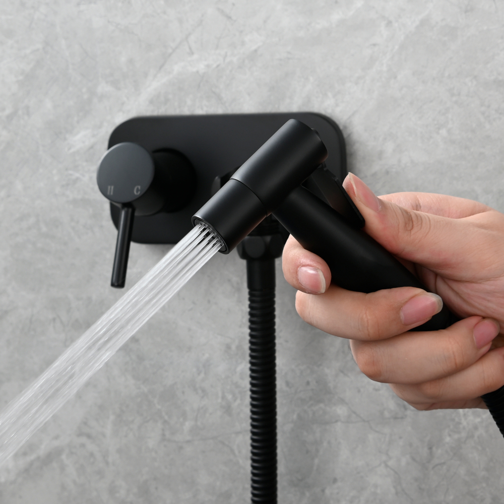 Tecmolog Stainless Steel Bathroom Bidet Sprayer Set, Hot and Cold Concealed Bidet Sprayer Kit for Toilet, Brushed Nickel/Black, WS024F9/WS024CF3