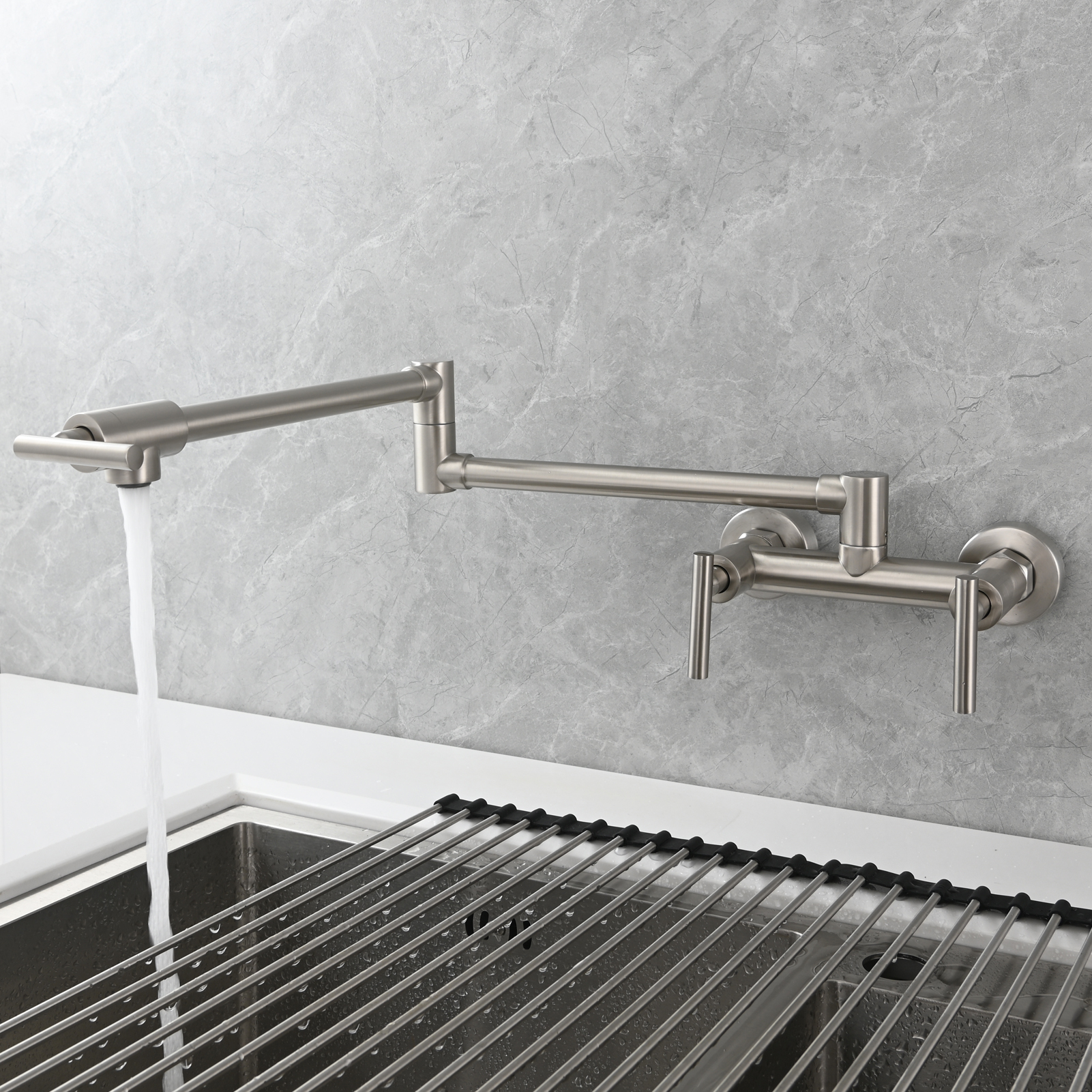 Tecmolog Brass Rotatable Fold Kitchen Faucet Dual Function Wall Faucet