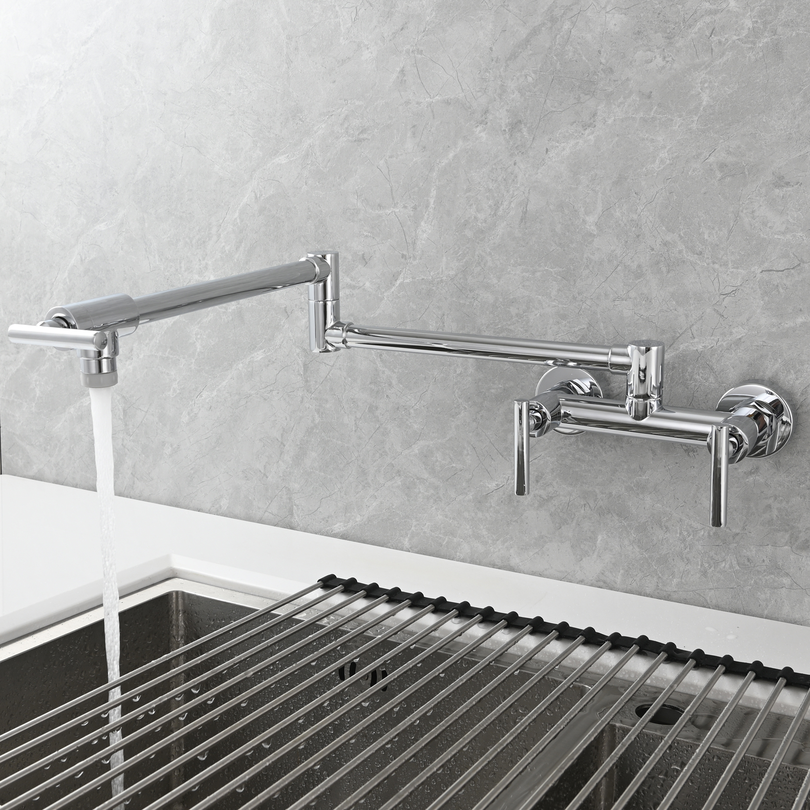 Tecmolog Brass Rotatable Fold Kitchen Faucet Dual Function Wall Faucet