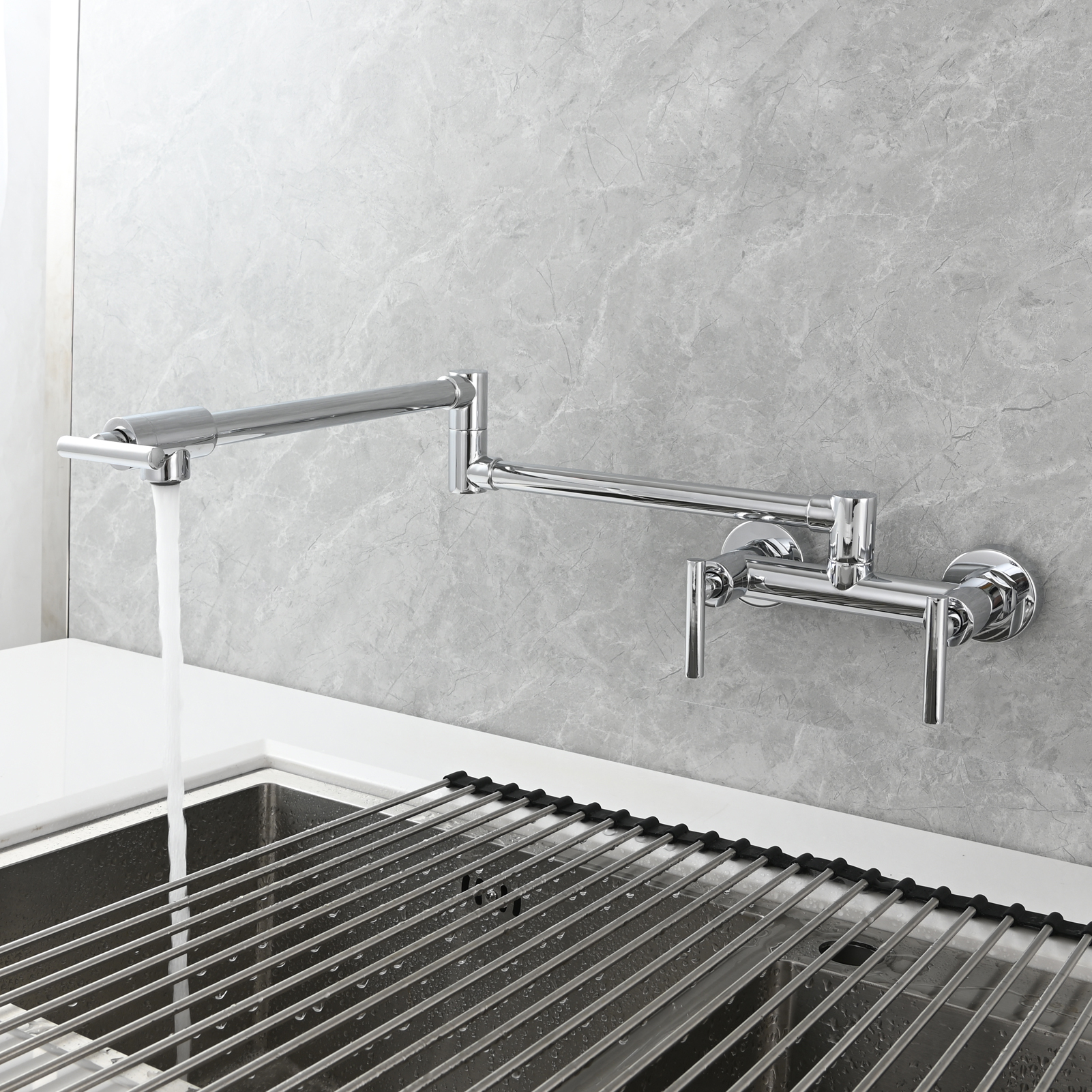 Tecmolog Brass Rotatable Fold Kitchen Faucet Dual Function Wall Faucet