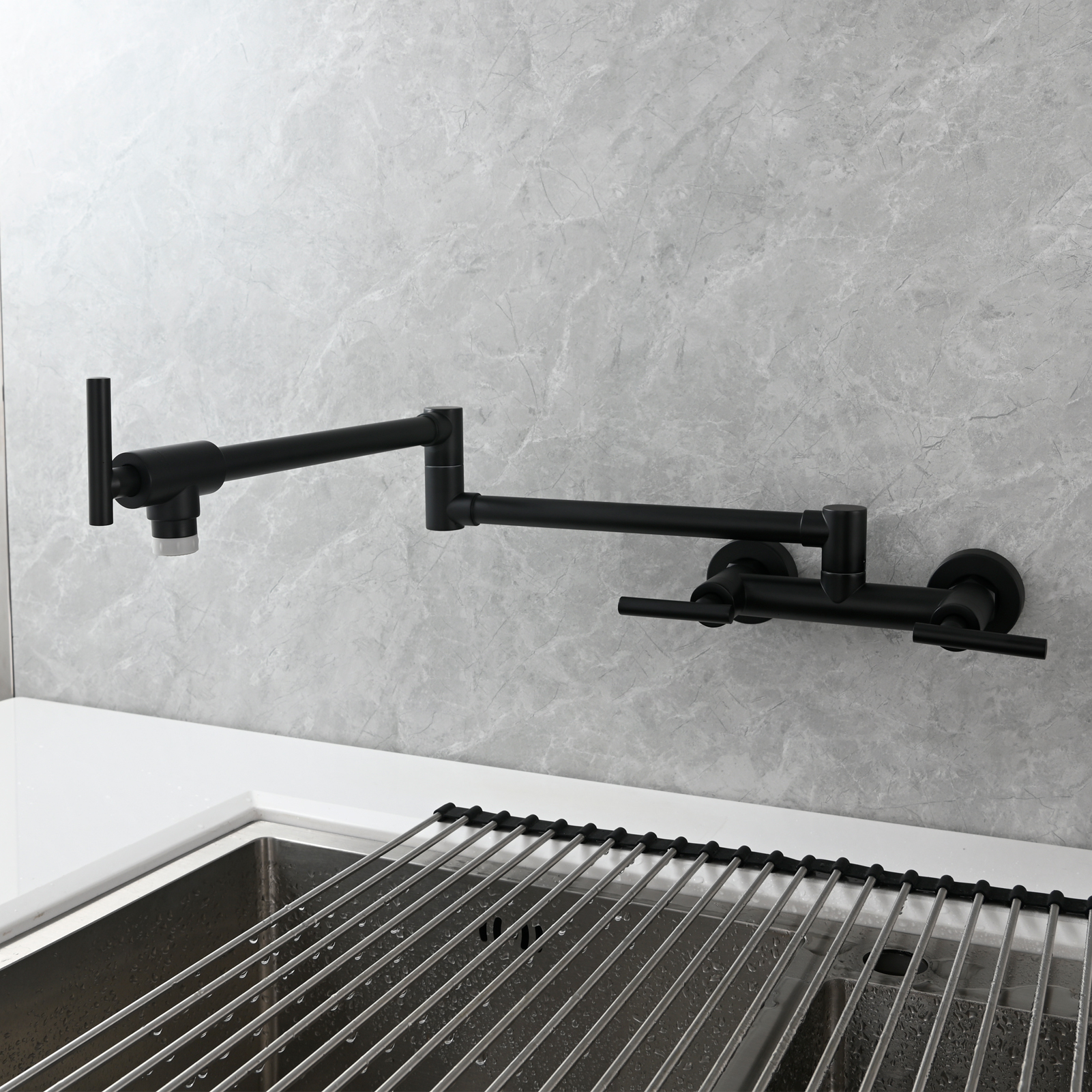 Tecmolog Brass Rotatable Fold Kitchen Faucet Dual Function Wall Faucet