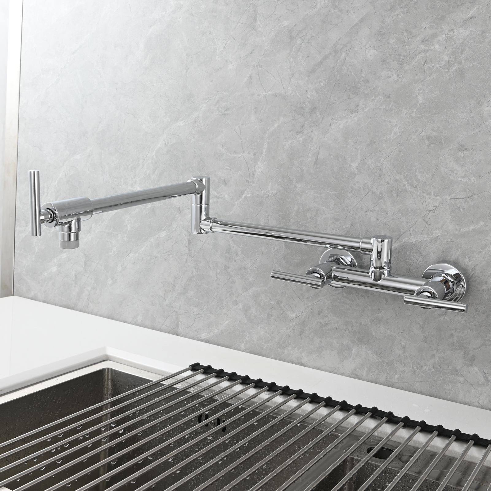 Tecmolog Brass Rotatable Fold Kitchen Faucet Dual Function Wall Faucet