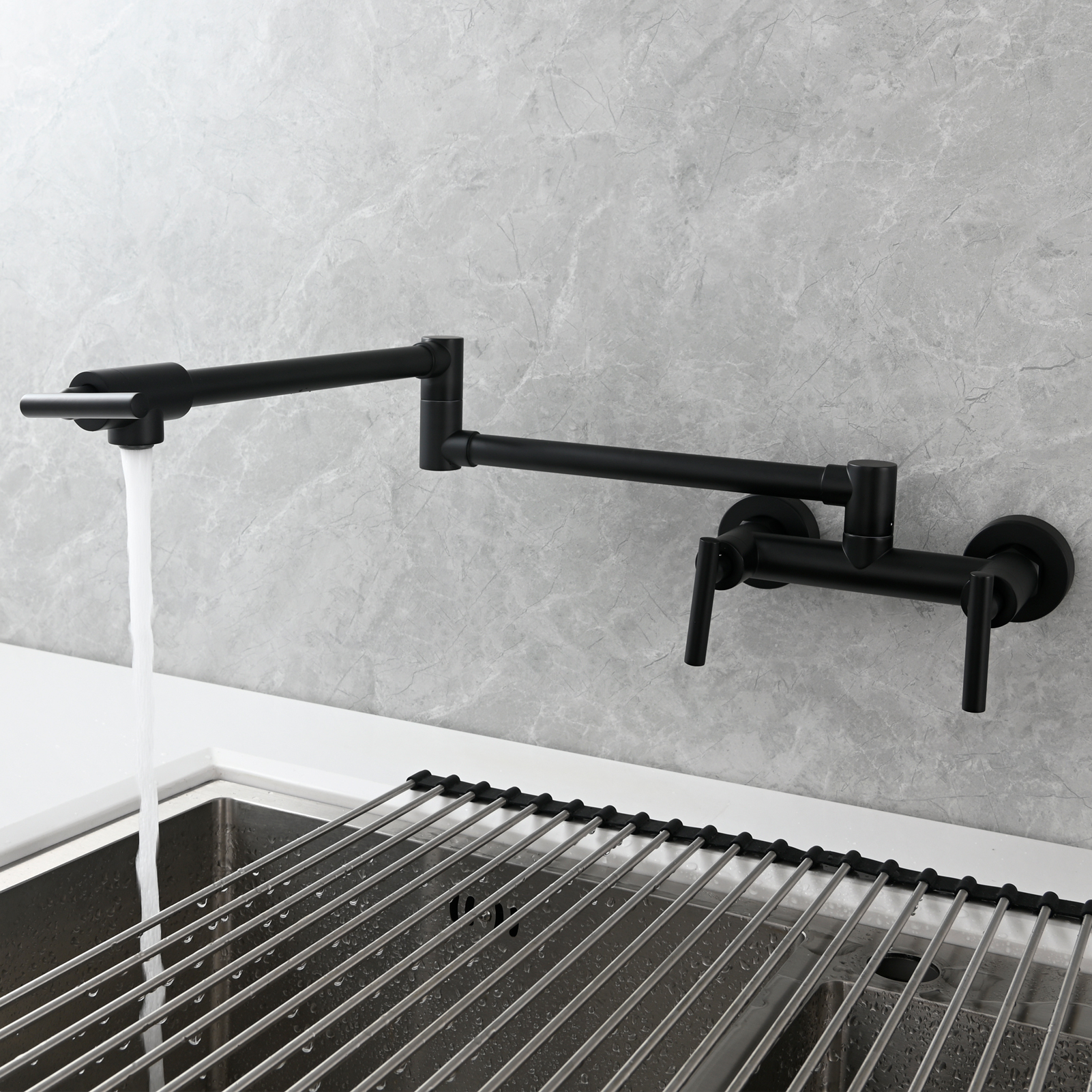 Tecmolog Brass Rotatable Fold Kitchen Faucet Dual Function Wall Faucet