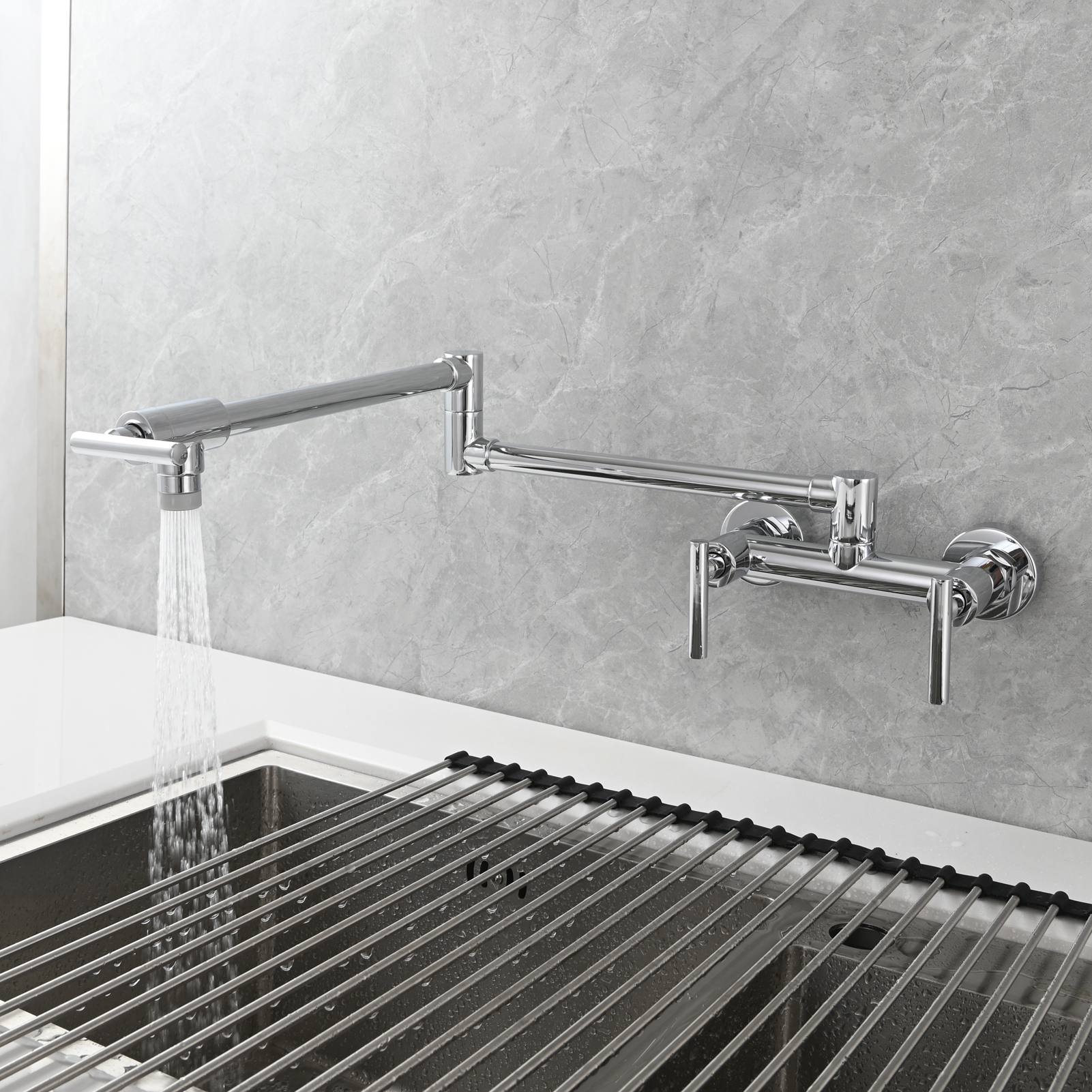 Tecmolog Brass Rotatable Fold Kitchen Faucet Dual Function Wall Faucet