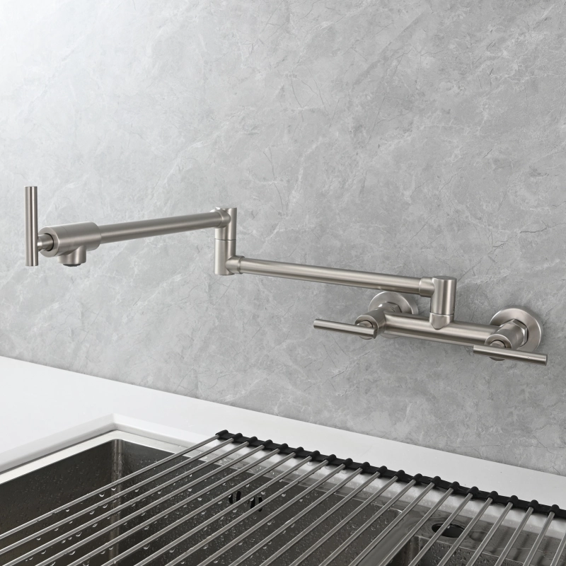 Tecmolog Brass Rotatable Fold Kitchen Faucet Dual Function Wall Faucet