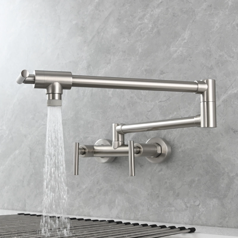 Tecmolog Brass Rotatable Fold Kitchen Faucet Dual Function Wall Faucet