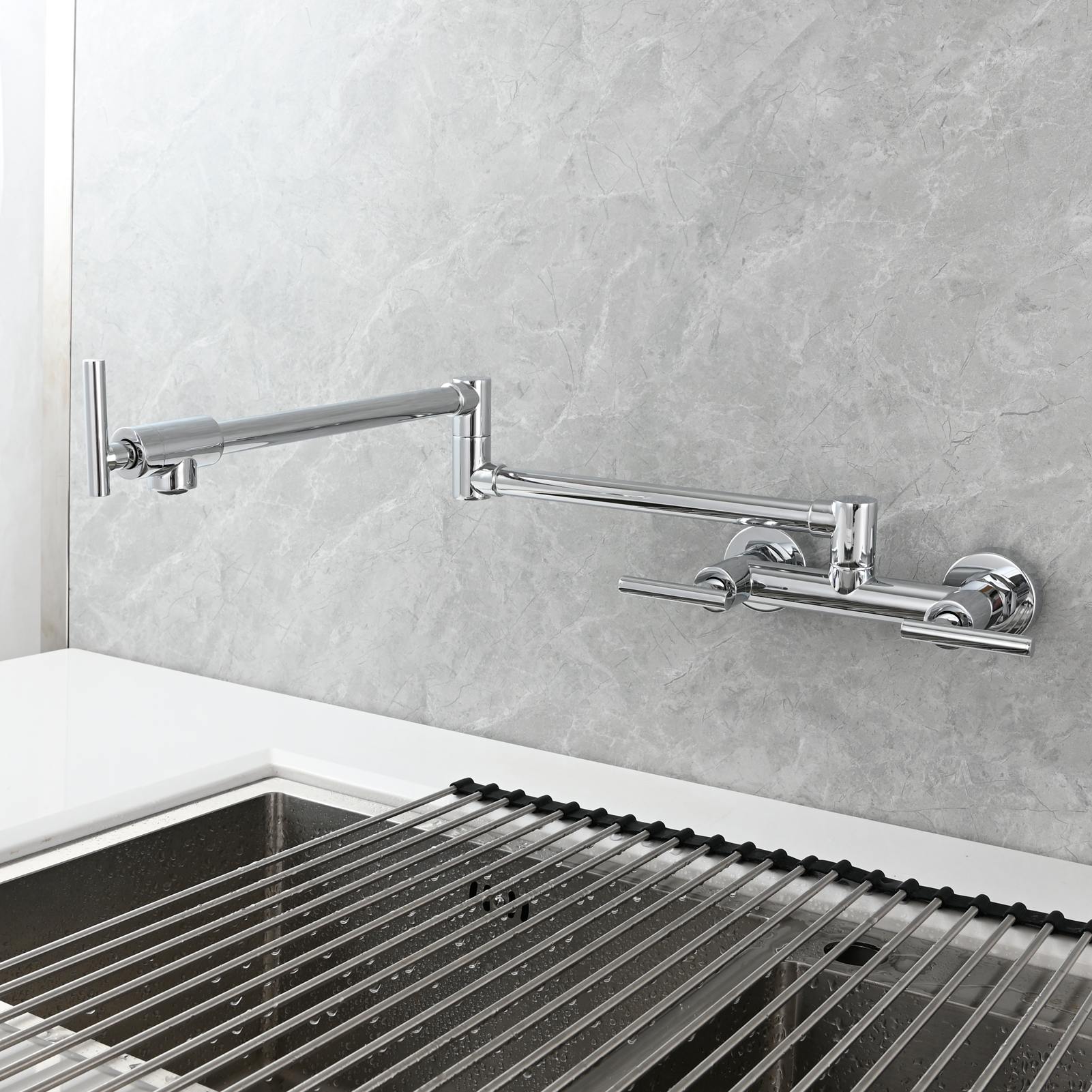 Tecmolog Brass Rotatable Fold Kitchen Faucet Dual Function Wall Faucet