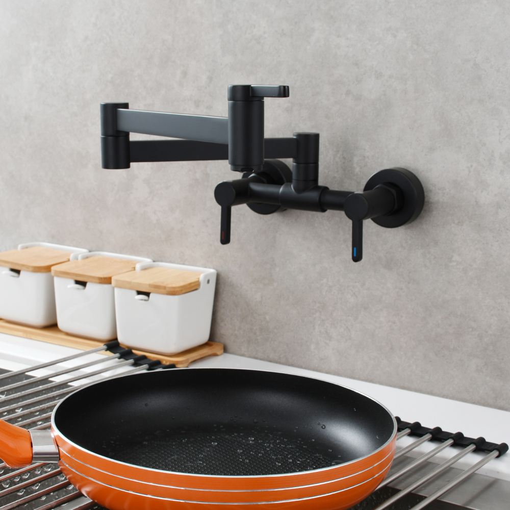 Tecmolog Brass Pot Filler Faucet Folding Kitchen Faucet with Double Joint Swing Arms Rotated Tap Wall Mounted for Hot and Cold Water Chrome/Brushed/Gold/Black