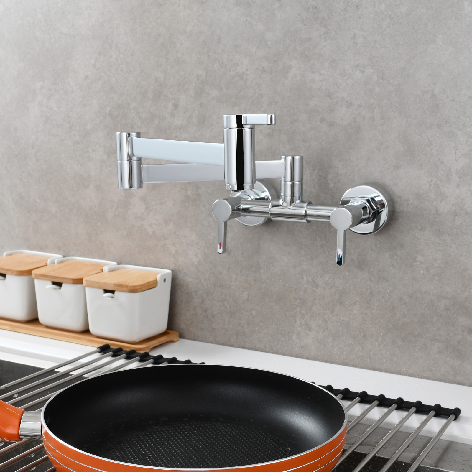 Tecmolog Brass Pot Filler Faucet Folding Kitchen Faucet with Double Joint Swing Arms Rotated Tap Wall Mounted for Hot and Cold Water Chrome/Brushed/Gold/Black