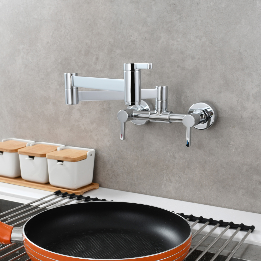 Tecmolog Brass Pot Filler Faucet Folding Kitchen Faucet with Double Joint Swing Arms Rotated Tap Wall Mounted for Hot and Cold Water Chrome/Brushed/Gold/Black
