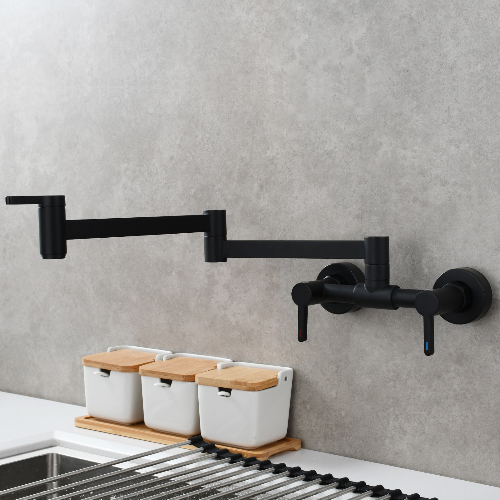 Tecmolog Brass Pot Filler Faucet Folding Kitchen Faucet with Double Joint Swing Arms Rotated Tap Wall Mounted for Hot and Cold Water Chrome/Brushed/Gold/Black