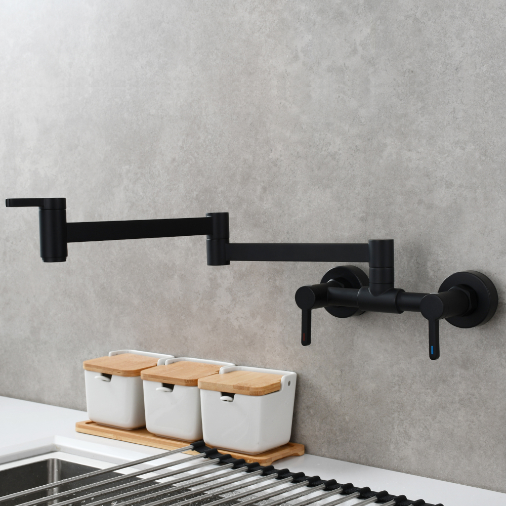 Tecmolog Brass Pot Filler Faucet Folding Kitchen Faucet with Double Joint Swing Arms Rotated Tap Wall Mounted for Hot and Cold Water Chrome/Brushed/Gold/Black
