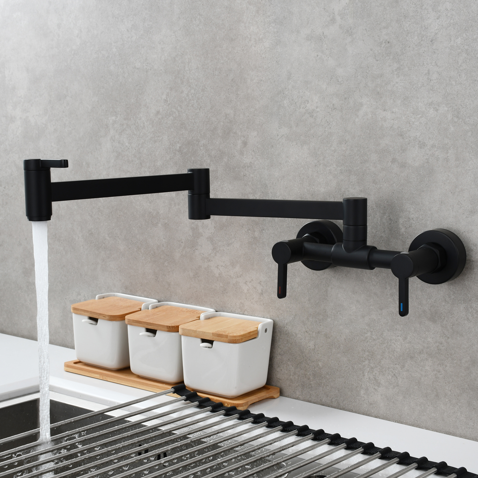 Tecmolog Brass Pot Filler Faucet Folding Kitchen Faucet with Double Joint Swing Arms Rotated Tap Wall Mounted for Hot and Cold Water Chrome/Brushed/Gold/Black