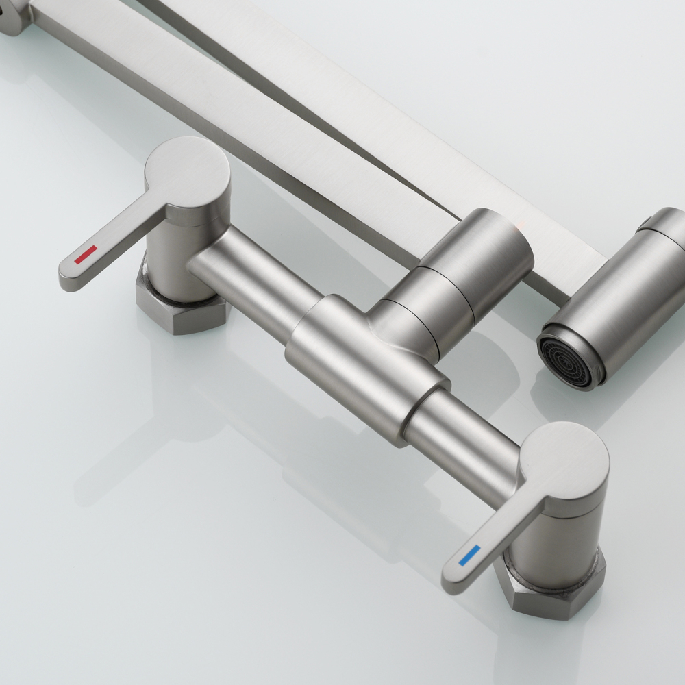 Tecmolog Brass Pot Filler Faucet Folding Kitchen Faucet with Double Joint Swing Arms Rotated Tap Wall Mounted for Hot and Cold Water Chrome/Brushed/Gold/Black