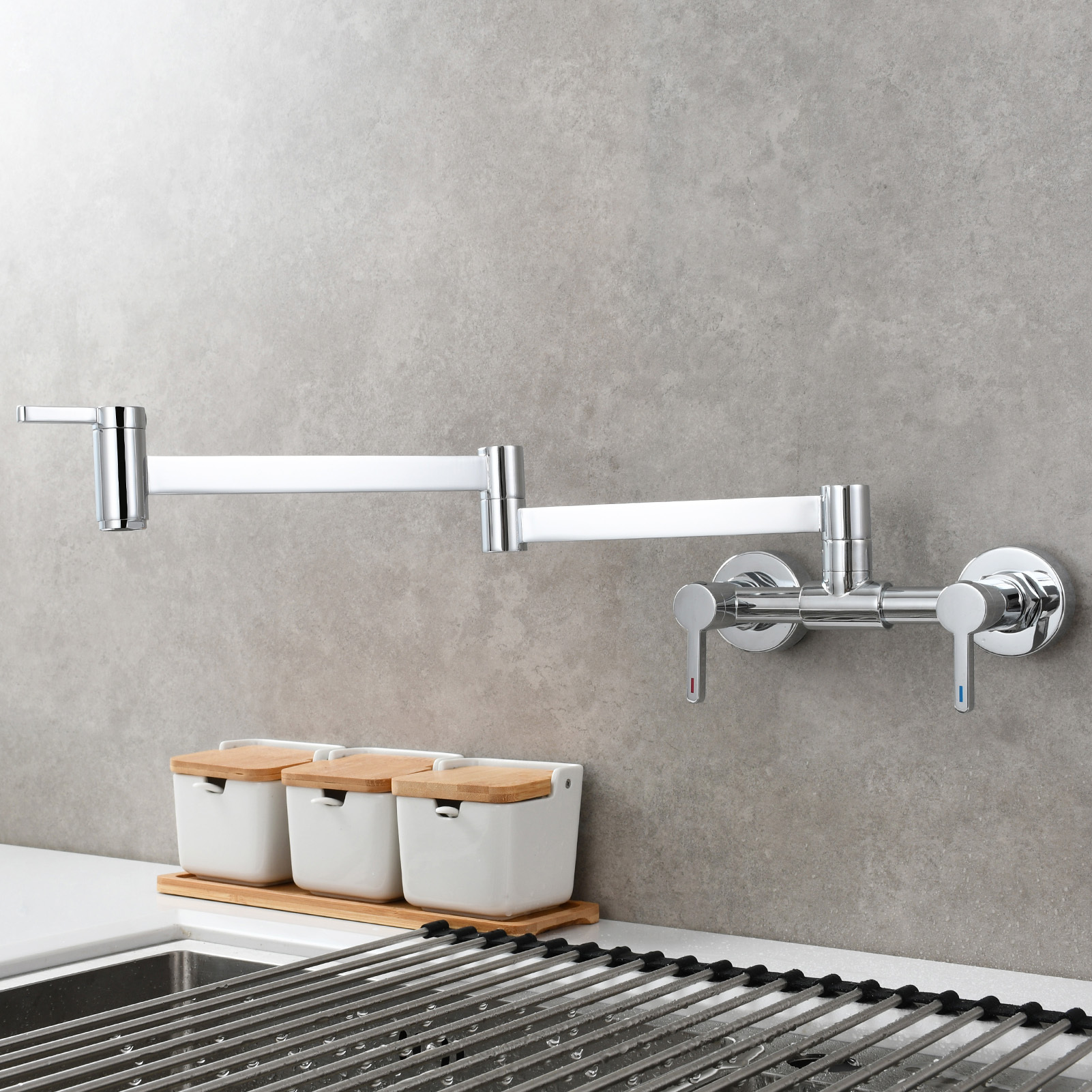 Tecmolog Brass Pot Filler Faucet Folding Kitchen Faucet with Double Joint Swing Arms Rotated Tap Wall Mounted for Hot and Cold Water Chrome/Brushed/Gold/Black