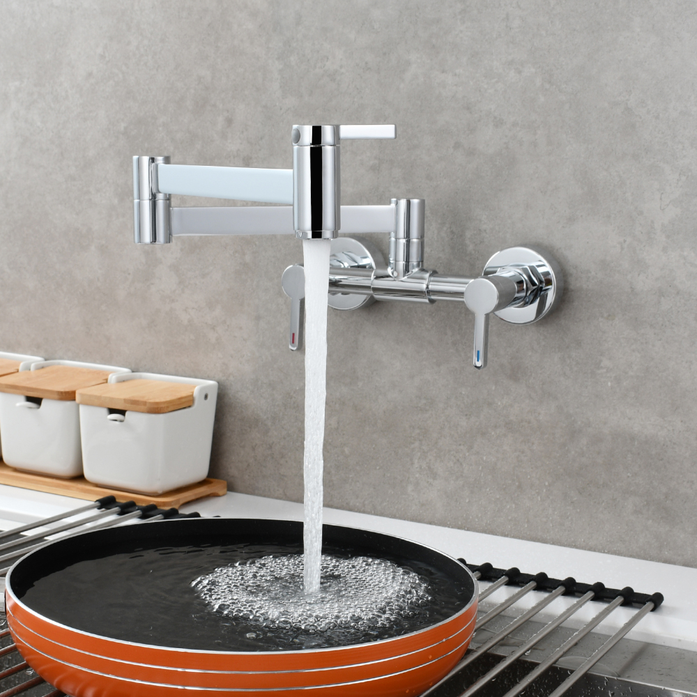 Tecmolog Brass Pot Filler Faucet Folding Kitchen Faucet with Double Joint Swing Arms Rotated Tap Wall Mounted for Hot and Cold Water Chrome/Brushed/Gold/Black