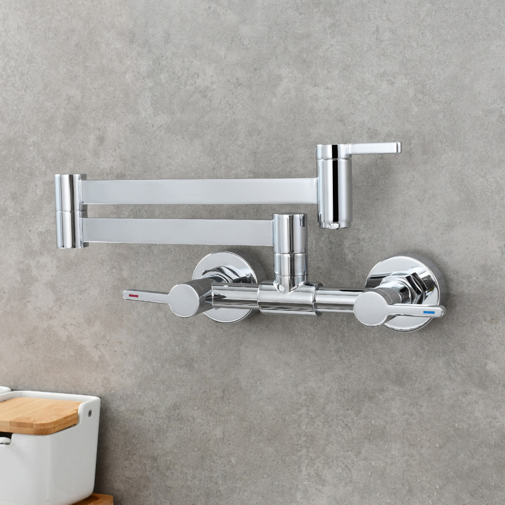 Tecmolog Brass Pot Filler Faucet Folding Kitchen Faucet with Double Joint Swing Arms Rotated Tap Wall Mounted for Hot and Cold Water Chrome/Brushed/Gold/Black