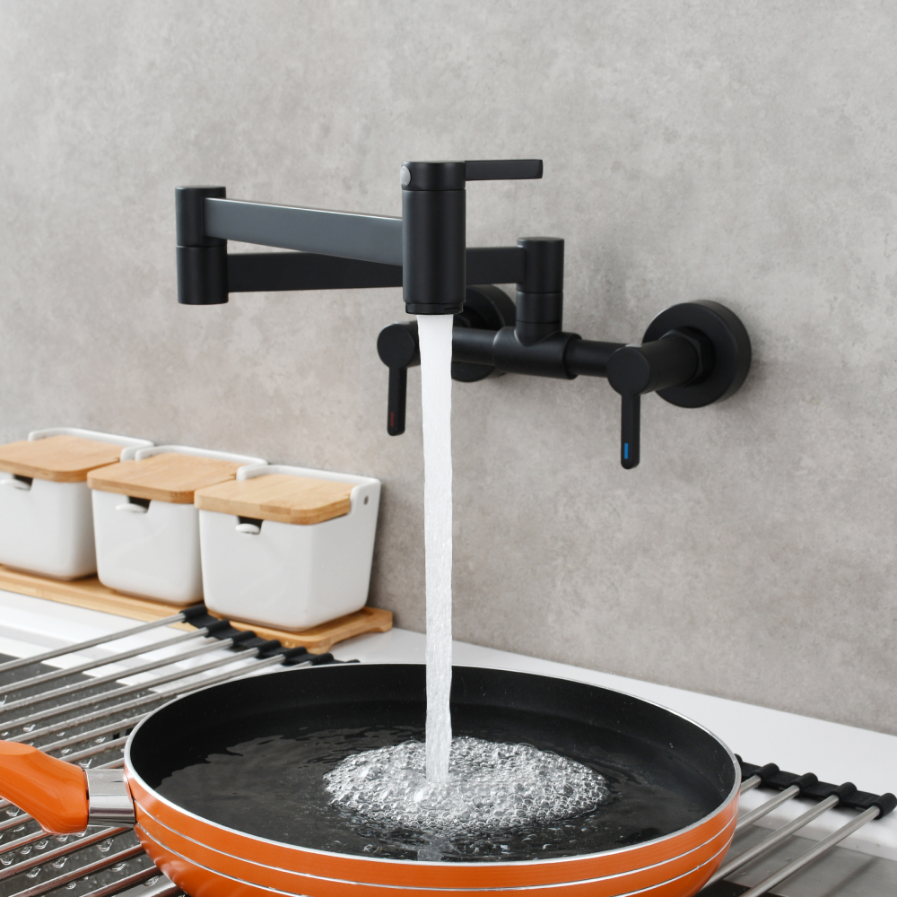 Tecmolog Brass Pot Filler Faucet Folding Kitchen Faucet with Double Joint Swing Arms Rotated Tap Wall Mounted for Hot and Cold Water Chrome/Brushed/Gold/Black