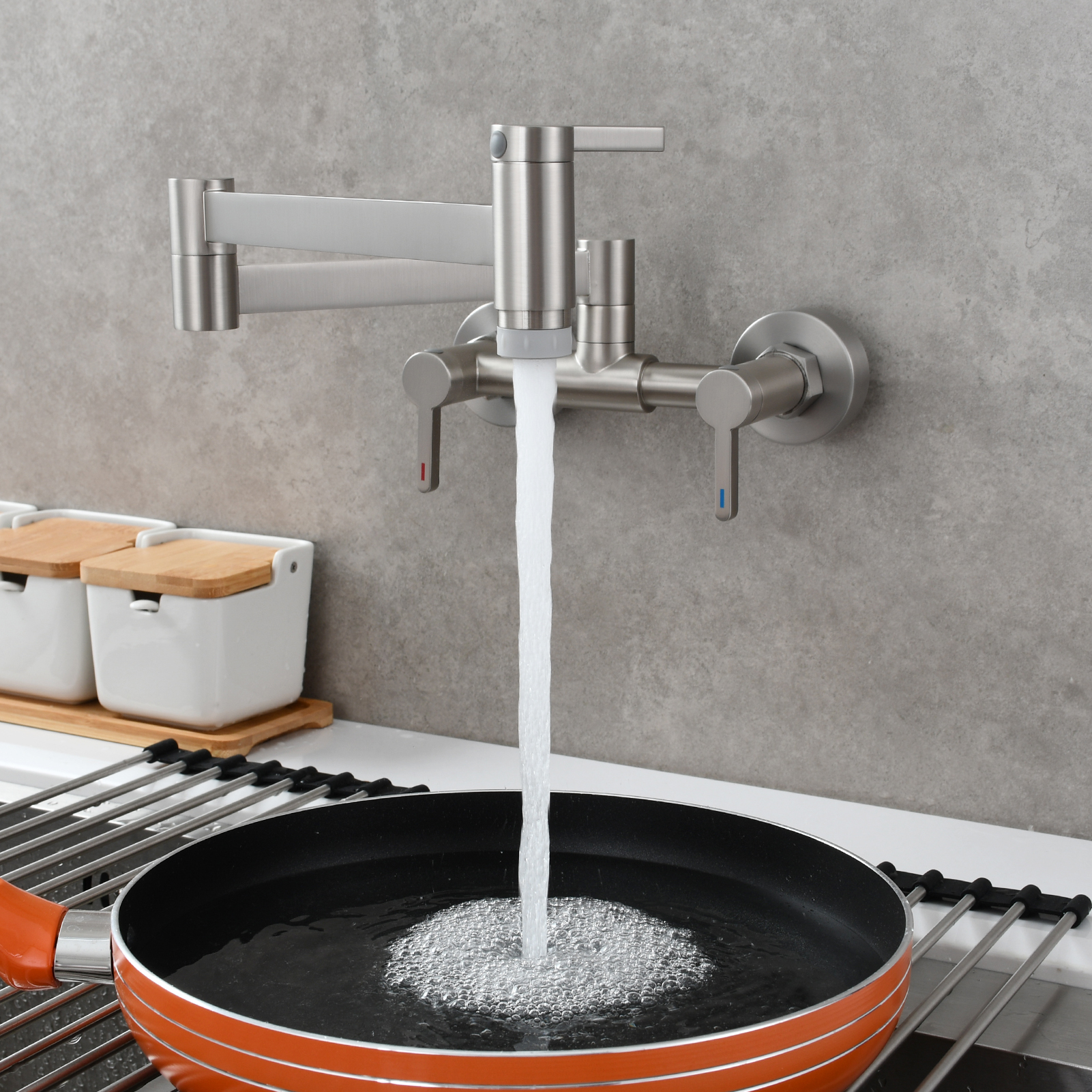 Tecmolog Brass Pot Filler Faucet Folding Kitchen Faucet with Double Joint Swing Arms Rotated Tap Wall Mounted for Hot and Cold Water Chrome/Brushed/Gold/Black