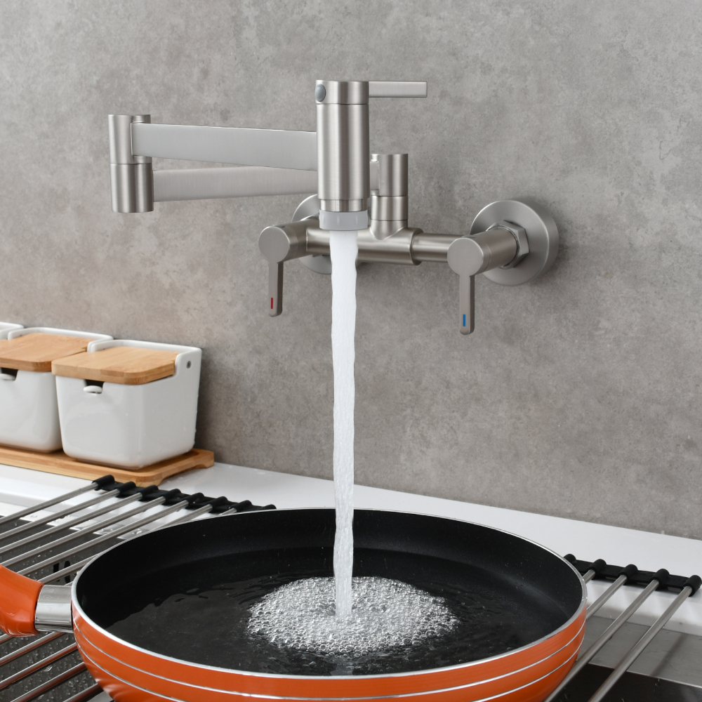 Tecmolog Brass Pot Filler Faucet Folding Kitchen Faucet with Double Joint Swing Arms Rotated Tap Wall Mounted for Hot and Cold Water Chrome/Brushed/Gold/Black