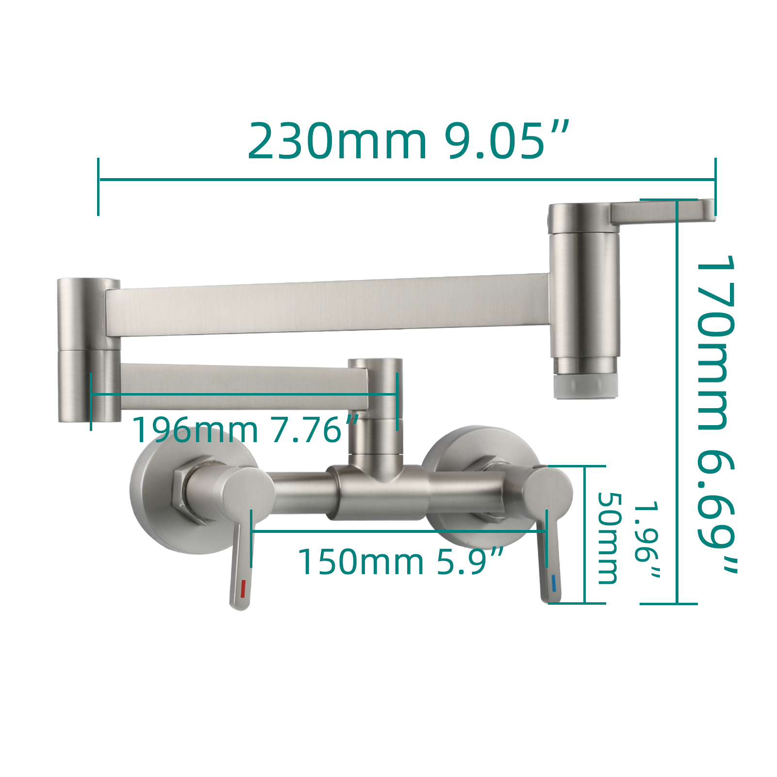 Tecmolog Brass Pot Filler Faucet Folding Kitchen Faucet with Double Joint Swing Arms Rotated Tap Wall Mounted for Hot and Cold Water Chrome/Brushed/Gold/Black