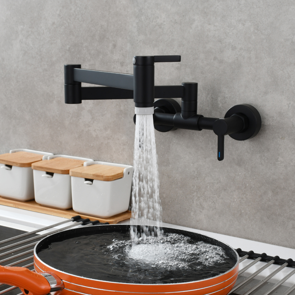 Tecmolog Brass Pot Filler Faucet Folding Kitchen Faucet with Double Joint Swing Arms Rotated Tap Wall Mounted for Hot and Cold Water Chrome/Brushed/Gold/Black