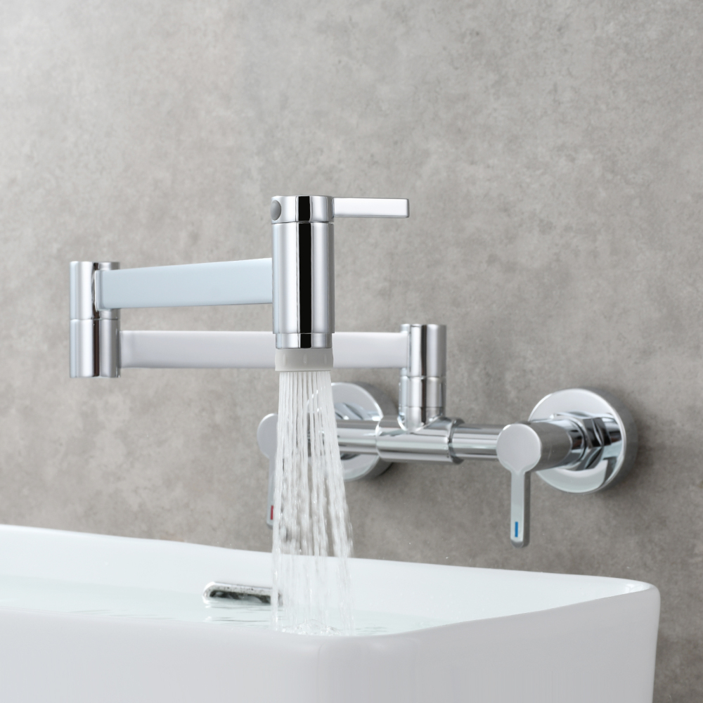 Tecmolog Brass Pot Filler Faucet Folding Kitchen Faucet with Double Joint Swing Arms Rotated Tap Wall Mounted for Hot and Cold Water Chrome/Brushed/Gold/Black