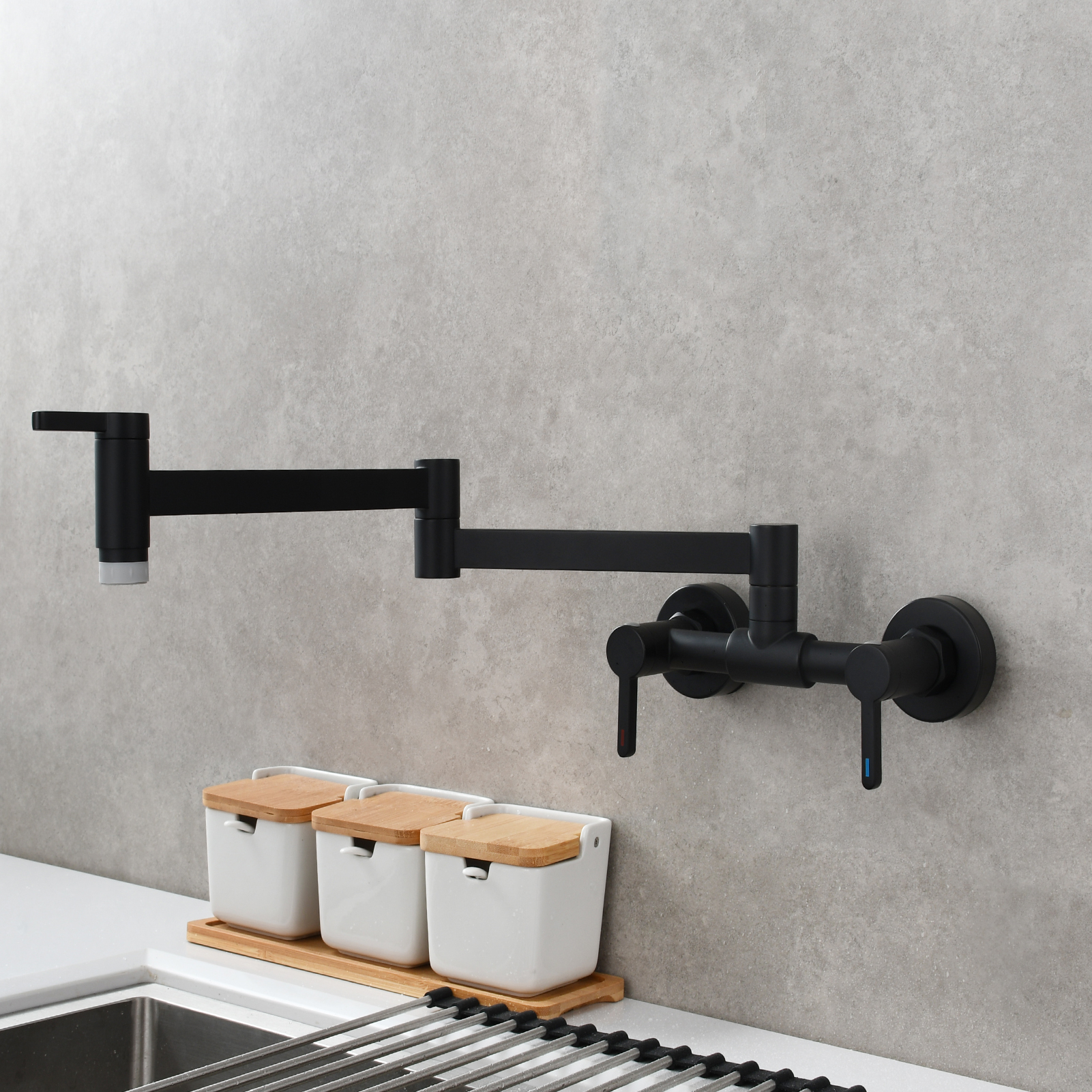 Tecmolog Brass Pot Filler Faucet Folding Kitchen Faucet with Double Joint Swing Arms Rotated Tap Wall Mounted for Hot and Cold Water Chrome/Brushed/Gold/Black