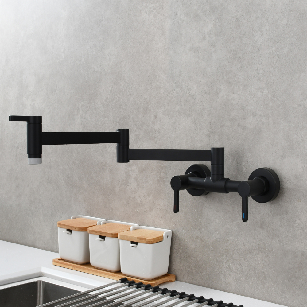 Tecmolog Brass Pot Filler Faucet Folding Kitchen Faucet with Double Joint Swing Arms Rotated Tap Wall Mounted for Hot and Cold Water Chrome/Brushed/Gold/Black