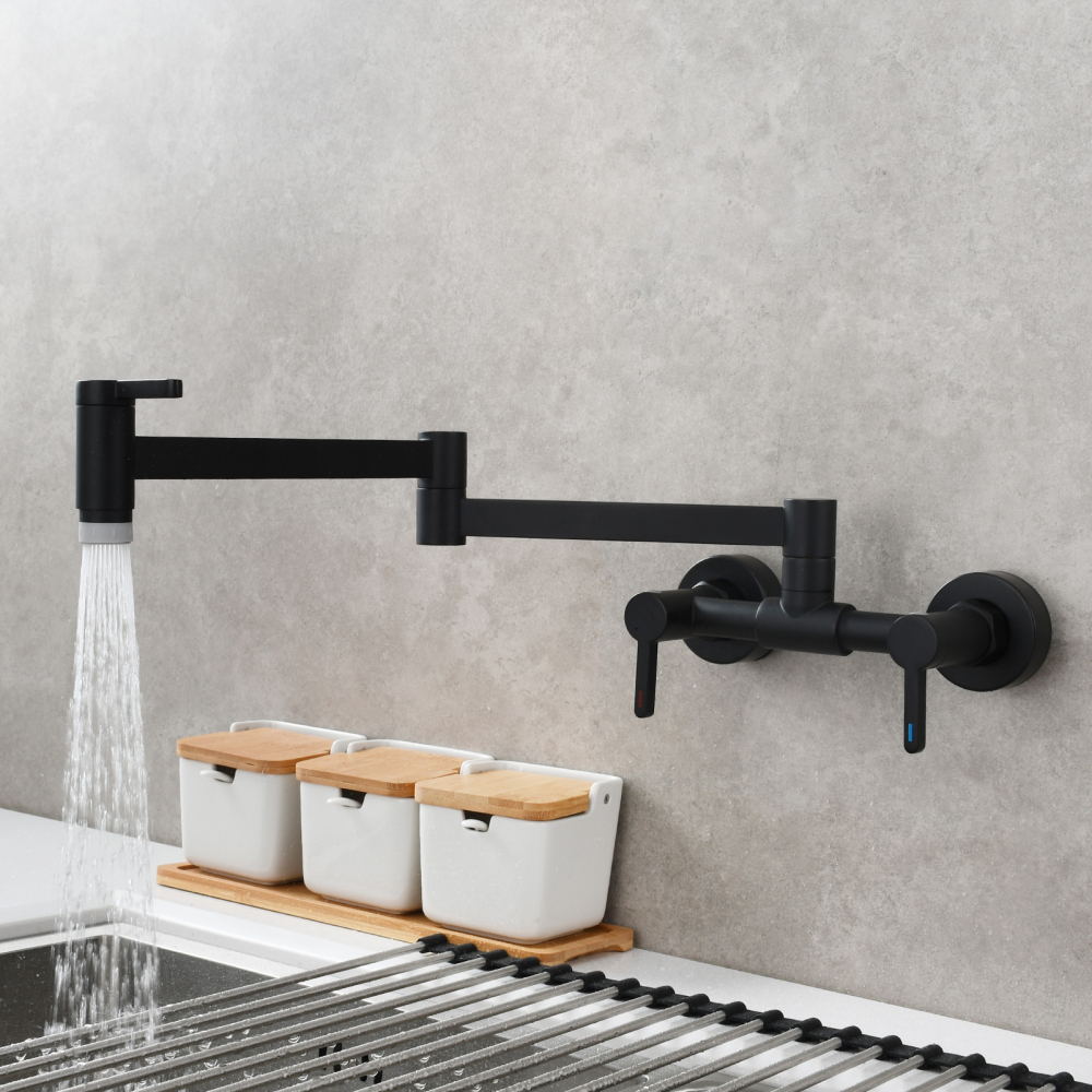 Tecmolog Brass Pot Filler Faucet Folding Kitchen Faucet with Double Joint Swing Arms Rotated Tap Wall Mounted for Hot and Cold Water Chrome/Brushed/Gold/Black