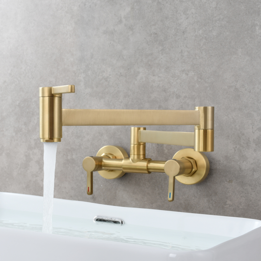 Tecmolog Brass Pot Filler Faucet Folding Kitchen Faucet with Double Joint Swing Arms Rotated Tap Wall Mounted for Hot and Cold Water Chrome/Brushed/Gold/Black