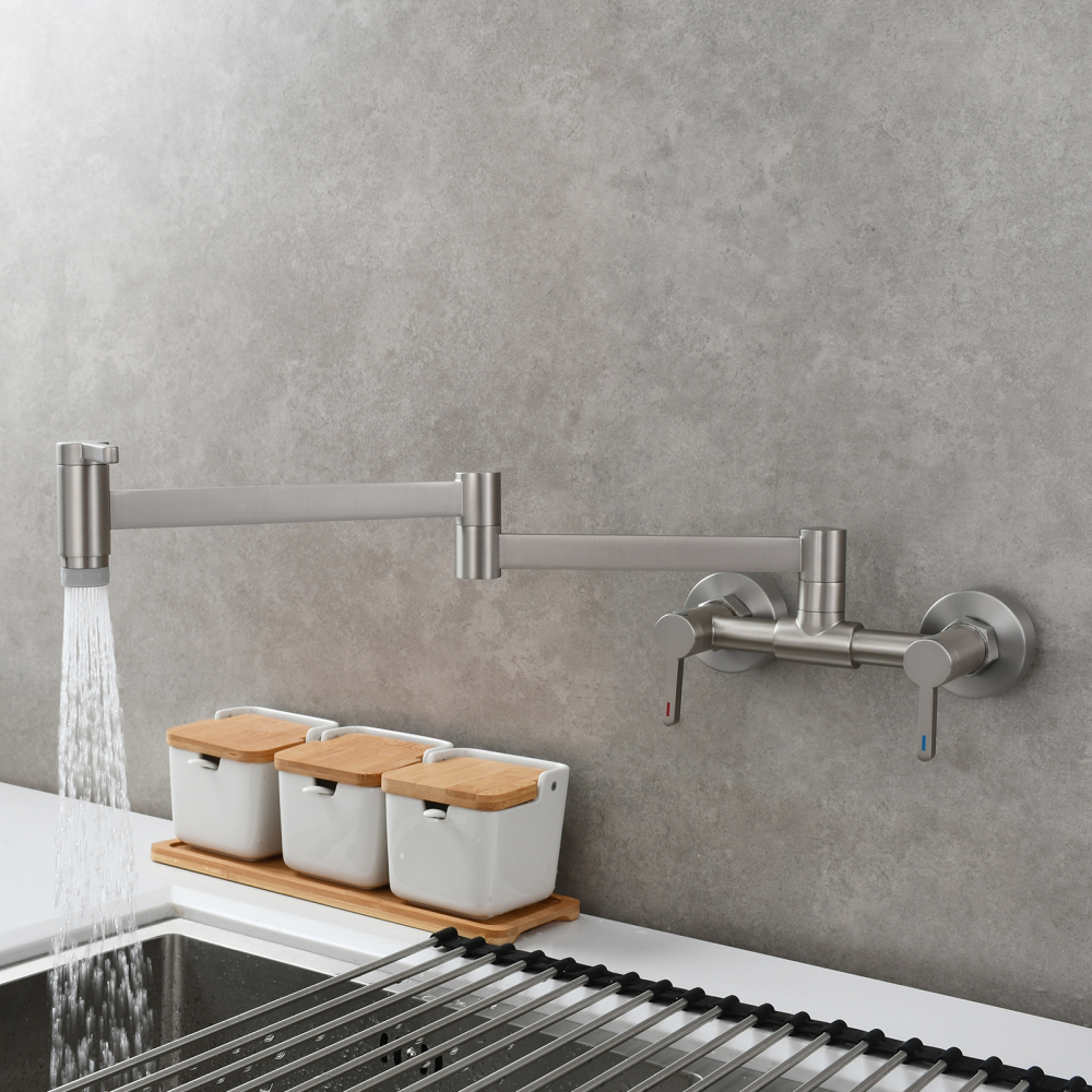 Tecmolog Brass Pot Filler Faucet Folding Kitchen Faucet with Double Joint Swing Arms Rotated Tap Wall Mounted for Hot and Cold Water Chrome/Brushed/Gold/Black