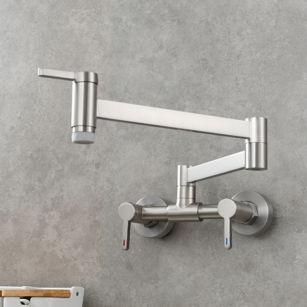 Tecmolog Brass Pot Filler Faucet Folding Kitchen Faucet with Double Joint Swing Arms Rotated Tap Wall Mounted for Hot and Cold Water Chrome/Brushed/Gold/Black