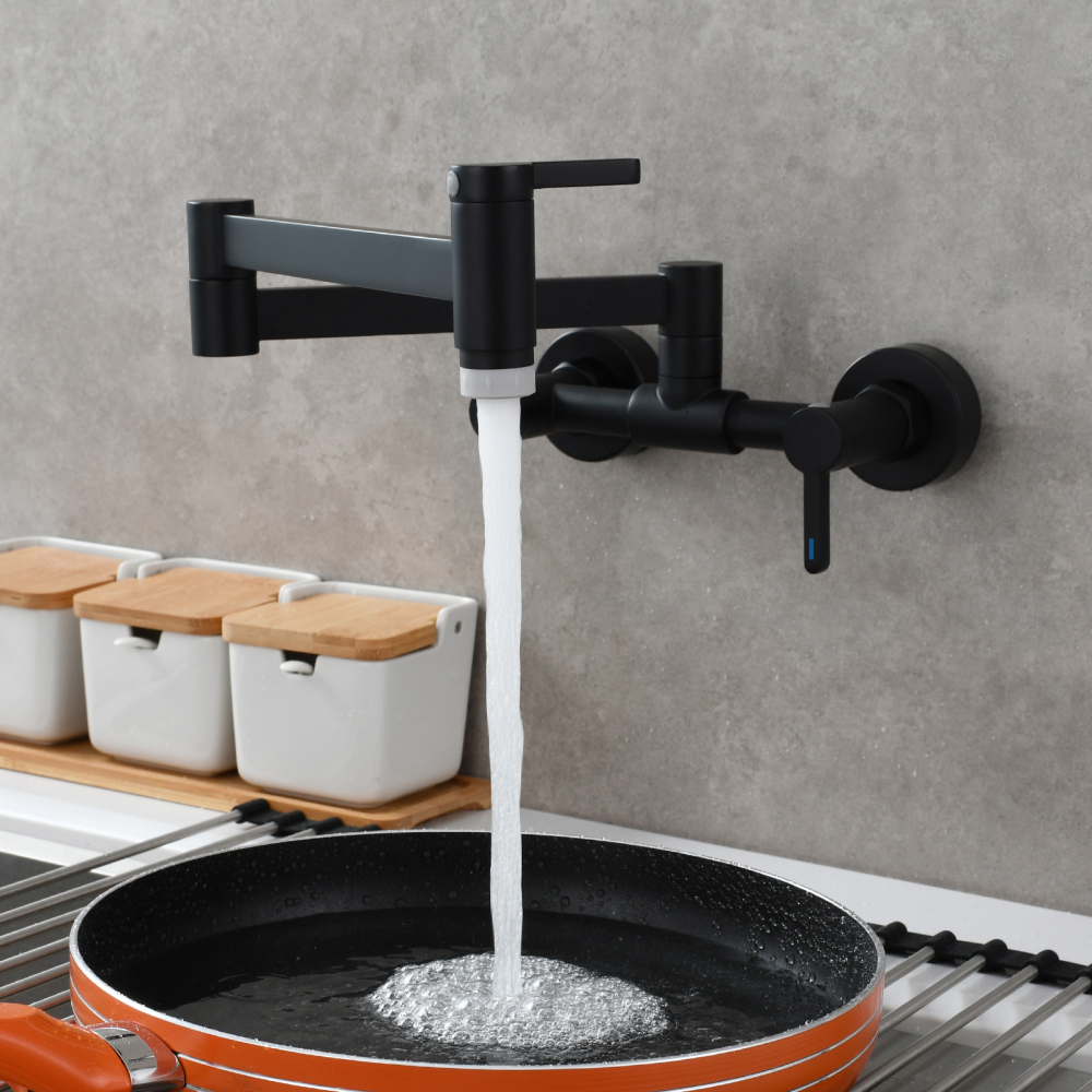 Tecmolog Brass Pot Filler Faucet Folding Kitchen Faucet with Double Joint Swing Arms Rotated Tap Wall Mounted for Hot and Cold Water Chrome/Brushed/Gold/Black