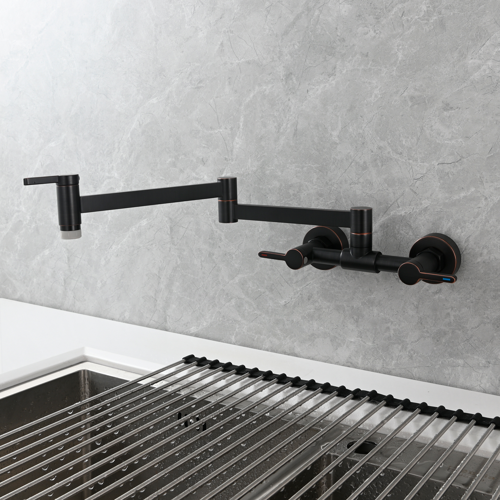 Tecmolog Brass Pot Filler Faucet Folding Kitchen Faucet with Double Joint Swing Arms Rotated Tap Wall Mounted for Hot and Cold Water Chrome/Brushed/Gold/Black