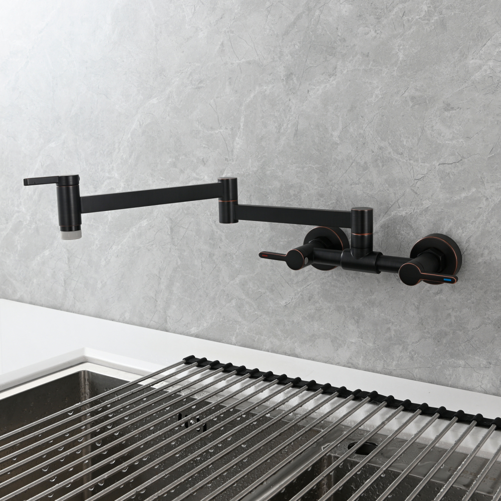 Tecmolog Brass Pot Filler Faucet Folding Kitchen Faucet with Double Joint Swing Arms Rotated Tap Wall Mounted for Hot and Cold Water Chrome/Brushed/Gold/Black