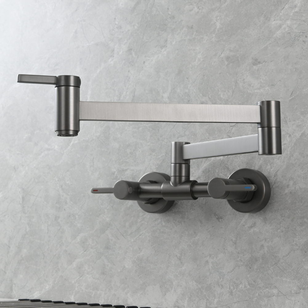 Tecmolog Brass Pot Filler Faucet Folding Kitchen Faucet with Double Joint Swing Arms Rotated Tap Wall Mounted for Hot and Cold Water Chrome/Brushed/Gold/Black